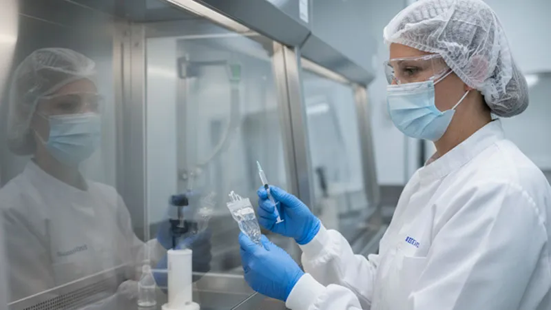 Pharmazeutin im Reinraum bei der sterilen Herstellung