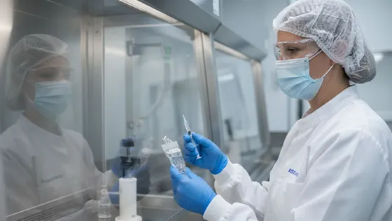 Pharmazeutin im Reinraum bei der sterilen Herstellung