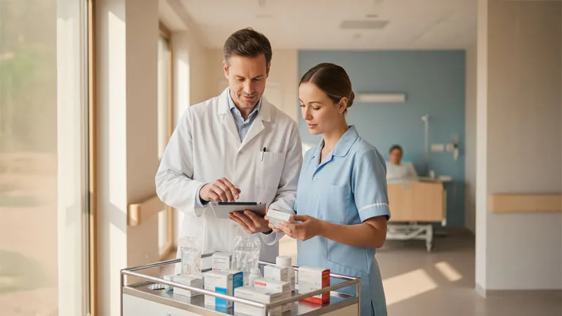 Pflegekraft und Apothekerin am Bett einer Patientin