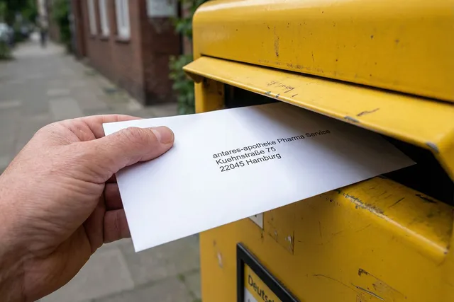 Hand wirft einen Brief in einen gelben Briefkasten
