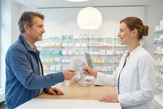 Kunde reicht seine Gesundheitskarte an der Apothekentheke