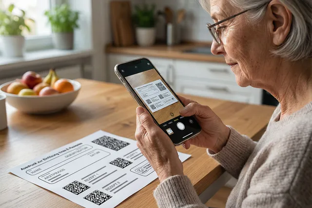 Ältere Frau fotografiert den QR-Code ihres E-Rezepts mit dem Smartphone