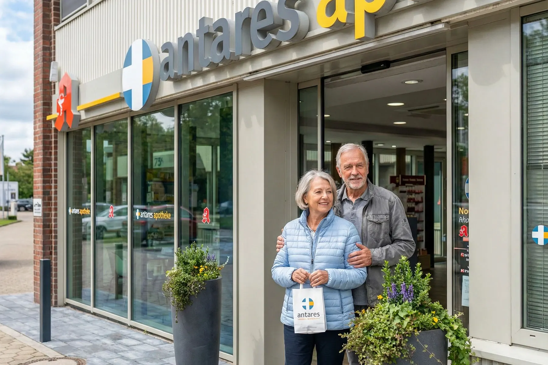 Ein älteres Paar mit antares-Tüte vor der antares Apotheke in Hamburg-Jenfeld