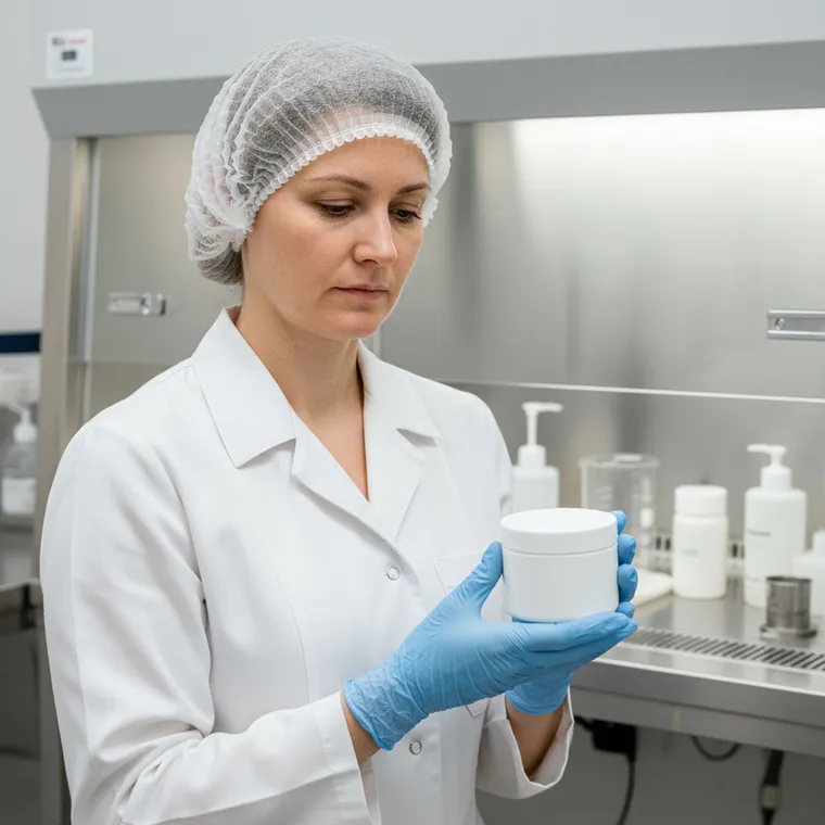 Pharmazeutin mit Haube und Handschuhen stellt im Labor eine Rezeptur her