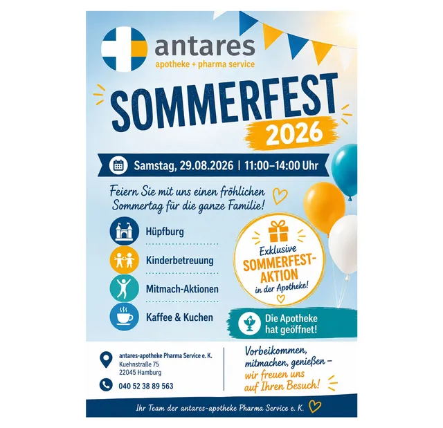 Plakat zum Sommerfest 2026 der antares Apotheke, Samstag 29.08.2026, 11 bis 14 Uhr
