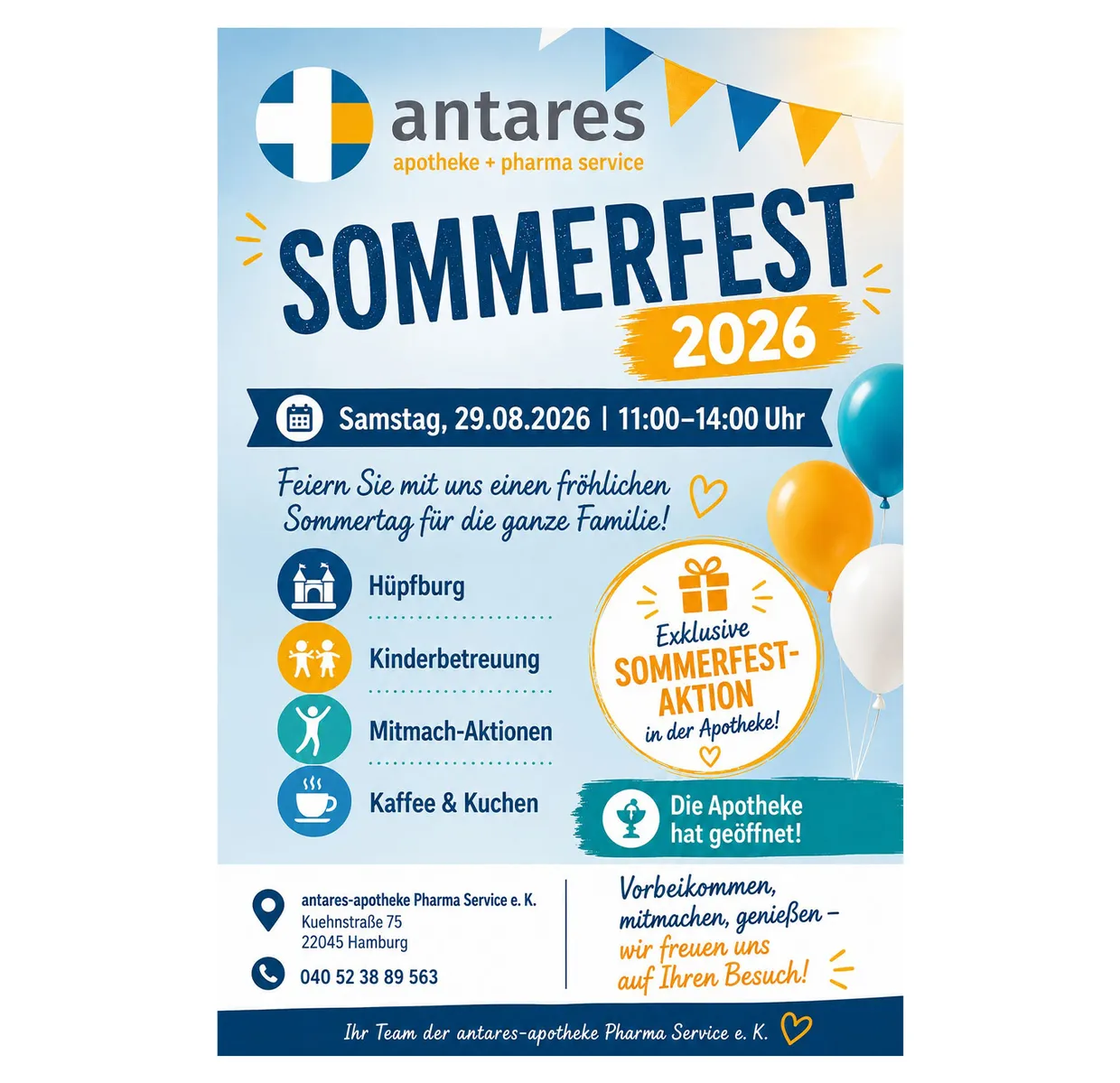 Plakat zum Sommerfest 2026 der antares Apotheke, Samstag 29.08.2026, 11 bis 14 Uhr