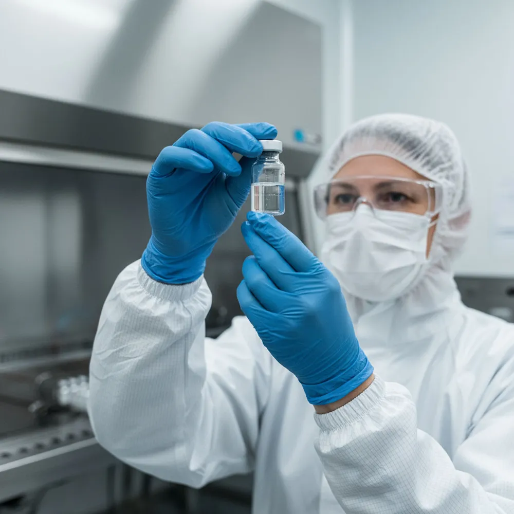 Pharmazeutin im Reinraum prüft ein Fläschchen