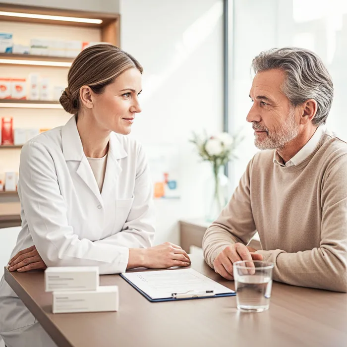 Apothekerin im Gespräch mit einem Patienten