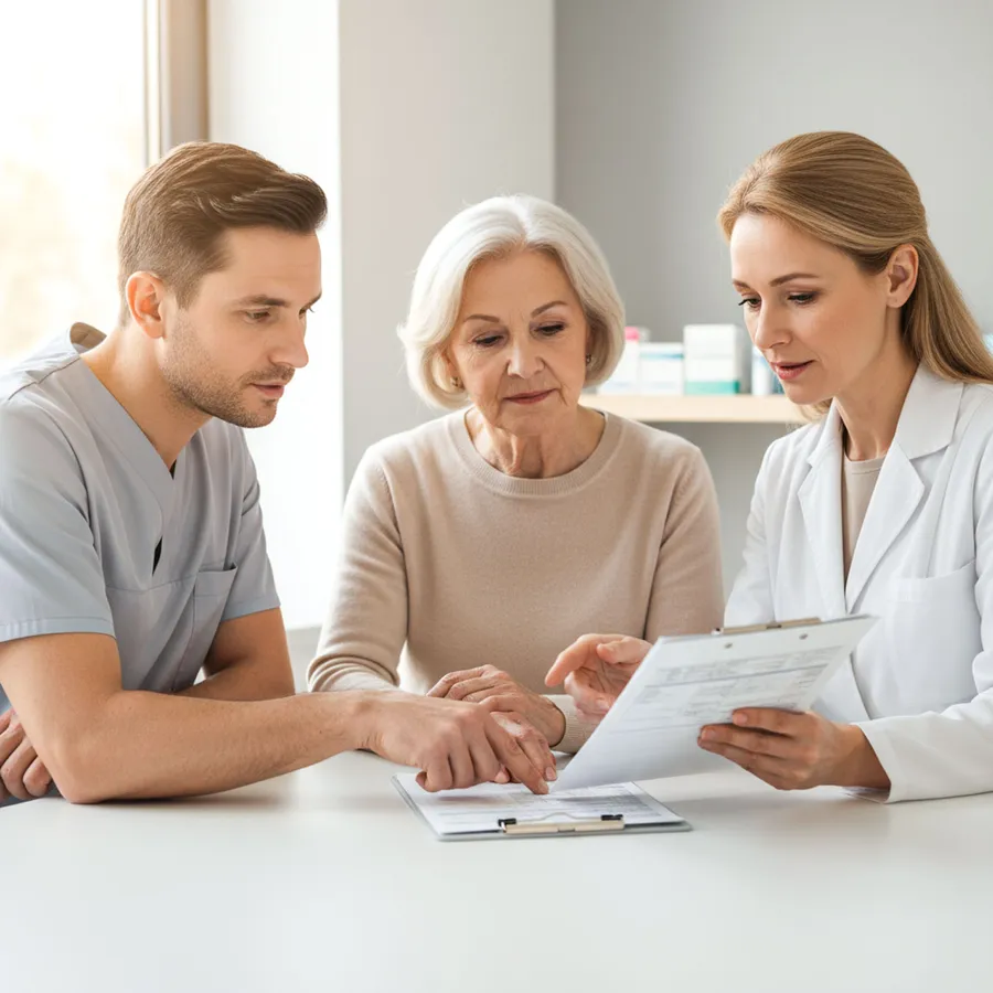 Apotheker, Patientin und Ärztin besprechen gemeinsam den Therapieplan