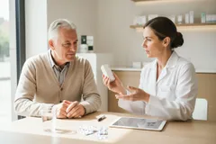 Apothekerin berät einen älteren Patienten zu seinen Tabletten
