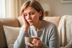 Frau mit Tasse Tee, die sich unwohl fühlt