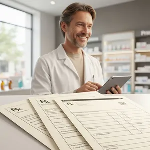 Apotheker mit Tablet und Rezepten
