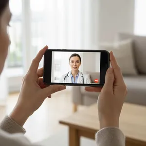 Videosprechstunde mit einer Ärztin auf dem Smartphone