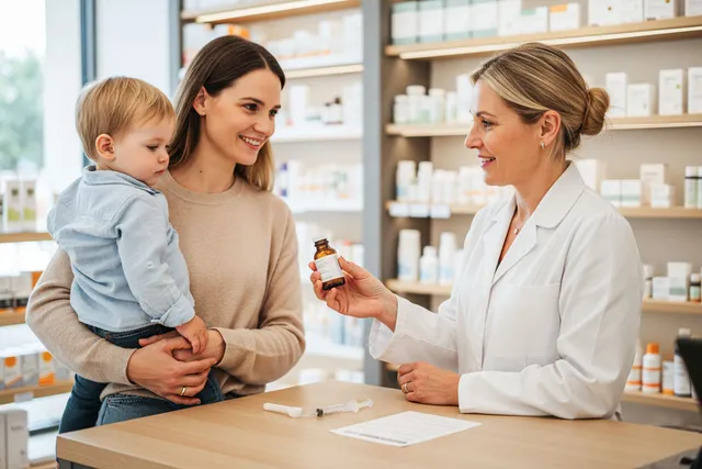 Mutter mit Kleinkind lässt sich in der Apotheke beraten