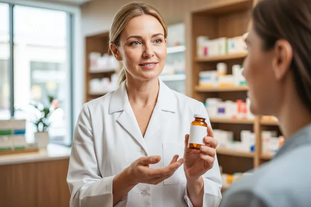 Apothekerin geht mit einem Kunden seinen Medikationsplan durch